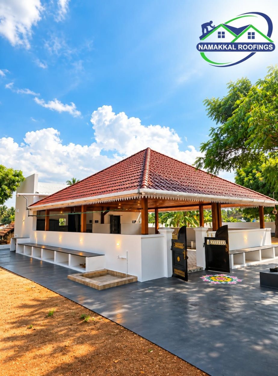 Open pavilion with a red ceramic clay tile hip roof, built by Namakkal Roofings