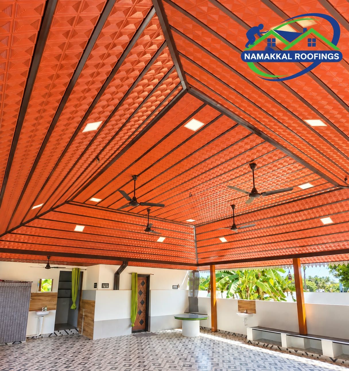 Finished clay tile ceiling with lights under a new roof