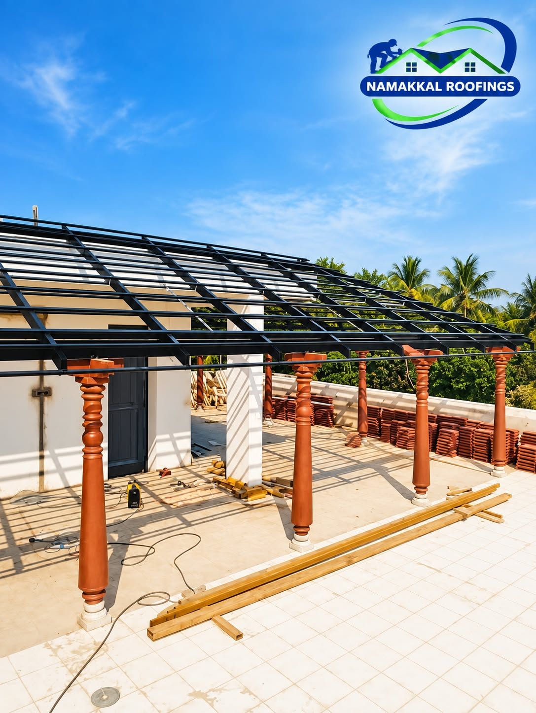 Dark polycarbonate roof on wooden pillars