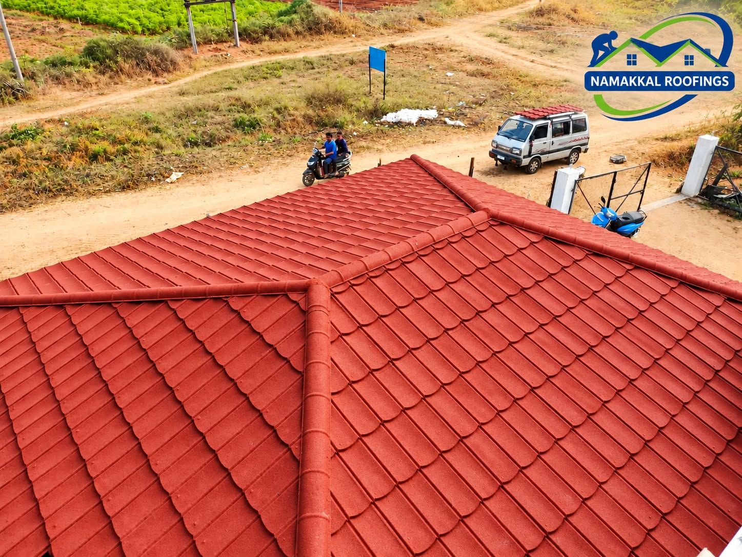 Ceramic clay tiles laid on a hip roof